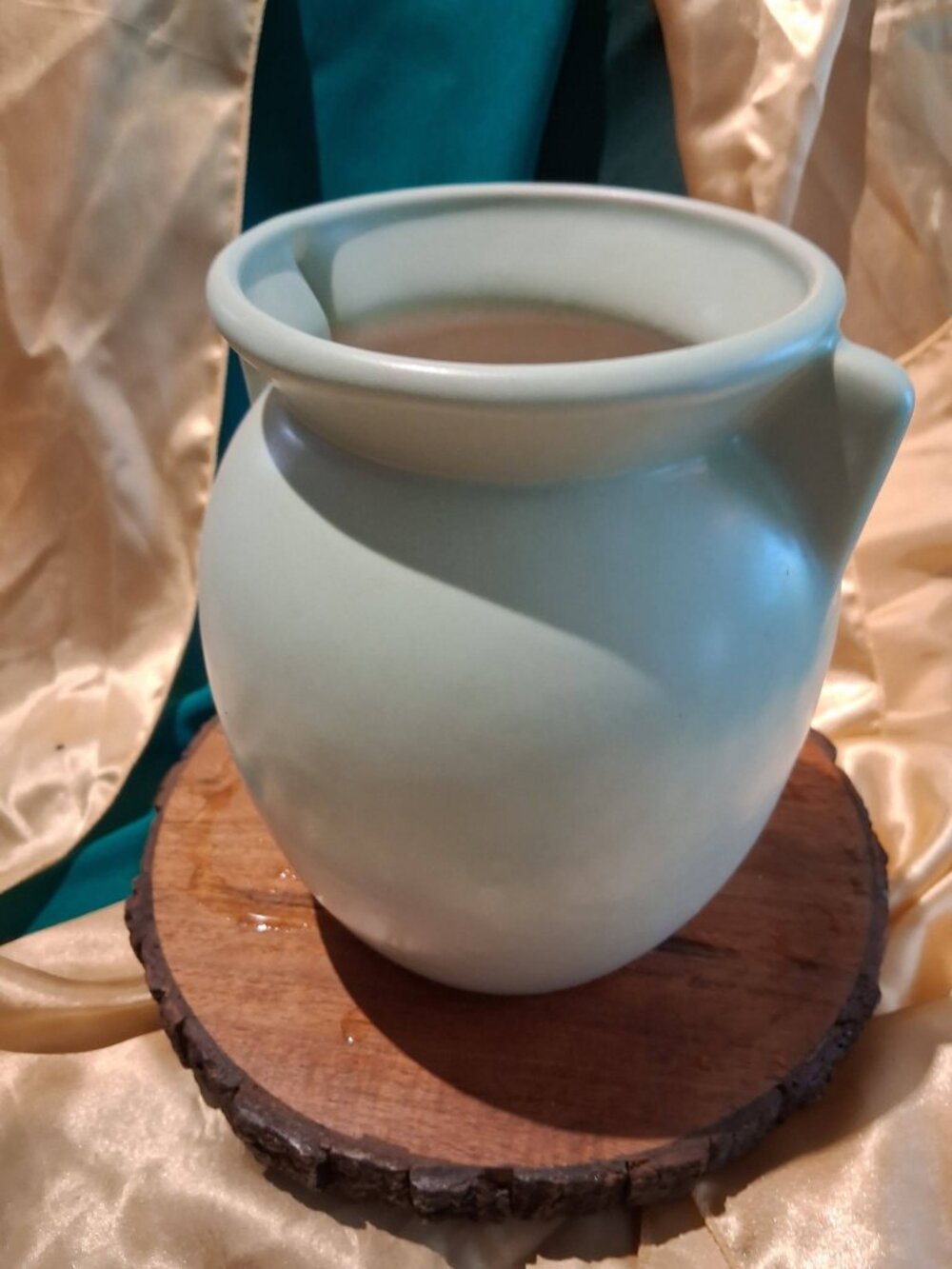 MCM Matte Pale Green Ceramic Bean Pot or Cookie Jar Featuring Classic Handles